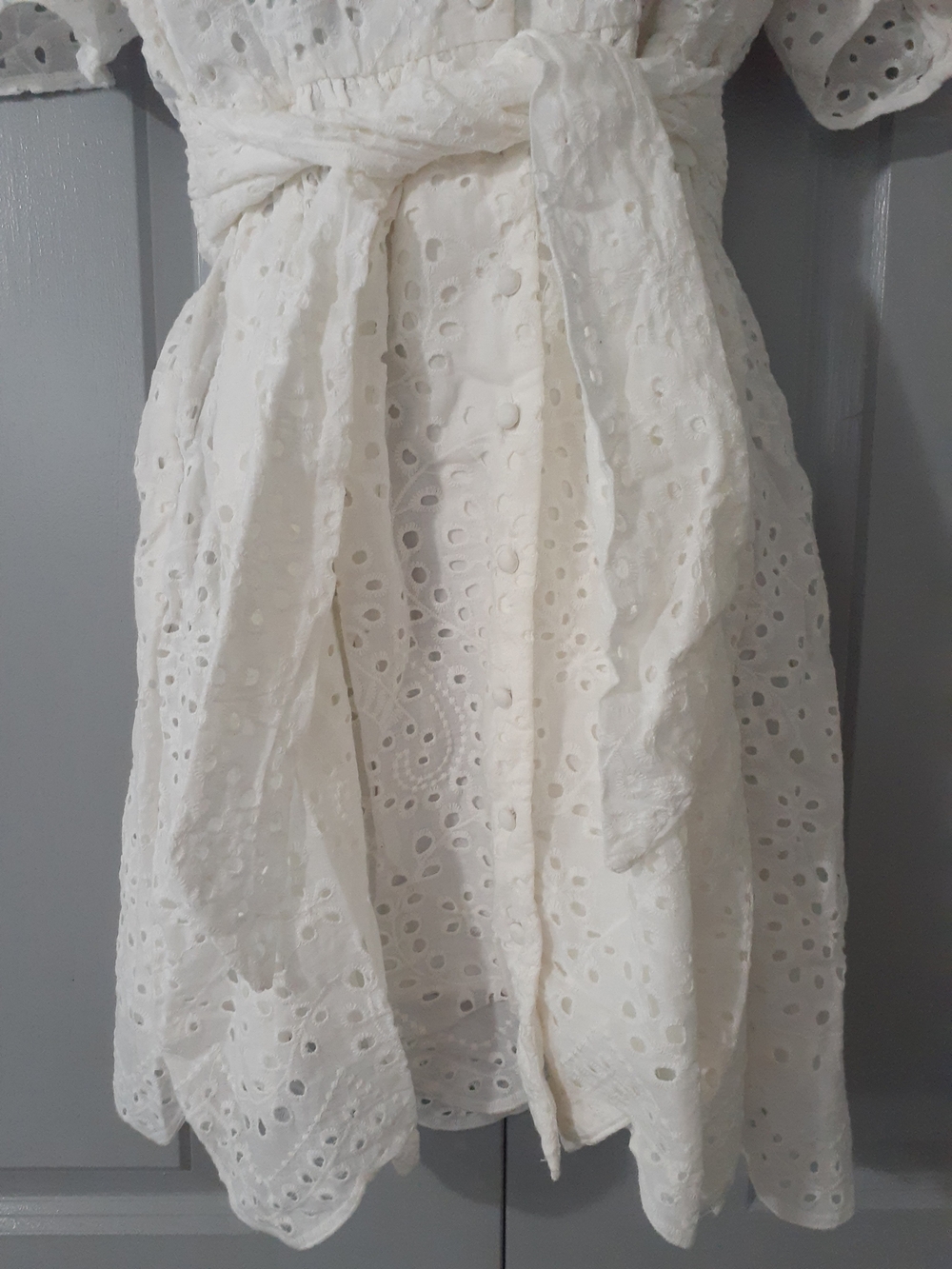 Main Strip White Eyelet Shirt Mini Dress with Tie Waist - Picture 6 of 6